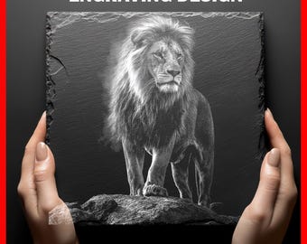 Grawerunek z łupka „Majestatyczny lew” Król dziczy Cyfrowe pobieranie projektów graficznych na podstawki z łupka Glowforge Do użytku komercyjnego