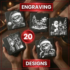 Puede incluir: Un juego de cinco posavasos cuadrados de pizarra negra con ilustraciones grabadas en blanco de un personaje festivo y Santa Claus. Los diseños muestran regalos, un árbol de Navidad y calcetines. El texto dice ENGRAVING 20 DESIGNS.