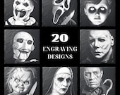 Horror Movie Characters PNG Bundle | 20 Halloween Slate Coaster Designs | Glowforge xTool Laser File | Scary Halftone Engraving Set