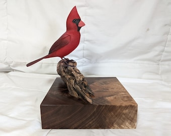 Hand Made Life Size Cardinal in the Snow Wood Carving - Walnut Carved Base