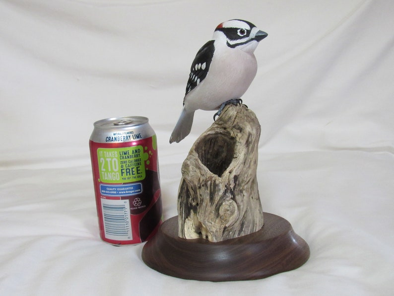 Hand Carved Downy Woodpecker Life Size Detailed Basswood Carving Walnut