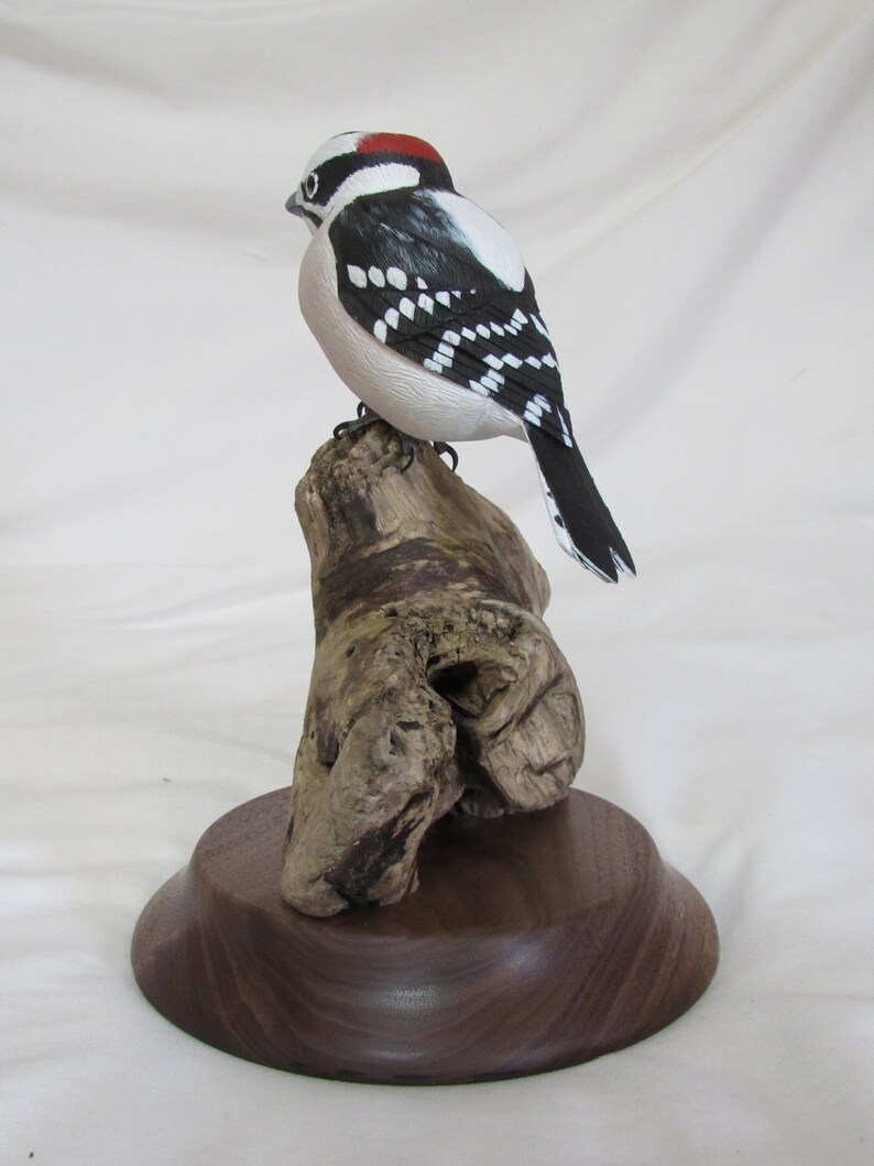Hand Carved Downy Woodpecker Life Size Detailed Basswood Carving Walnut