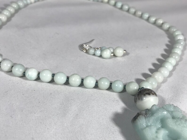 Aqua Aventurine Bead Necklace with Jade Peacock Pendant and matching earrings