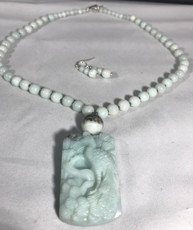 Aqua Aventurine Bead Necklace with Jade Peacock Pendant and matching earrings