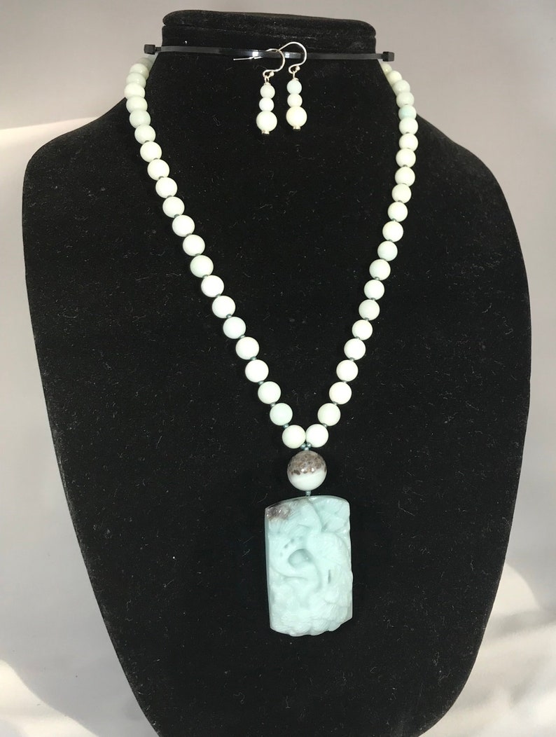 Aqua Aventurine Bead Necklace with Jade Peacock Pendant and matching earrings