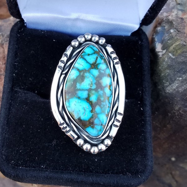 Turquoise Ring, Sterling Silver Ring, High Grade Red web Turquoise,  Kingman Turquoise Ring, Large Turquoise Gemstone Ring, Ring Size 8