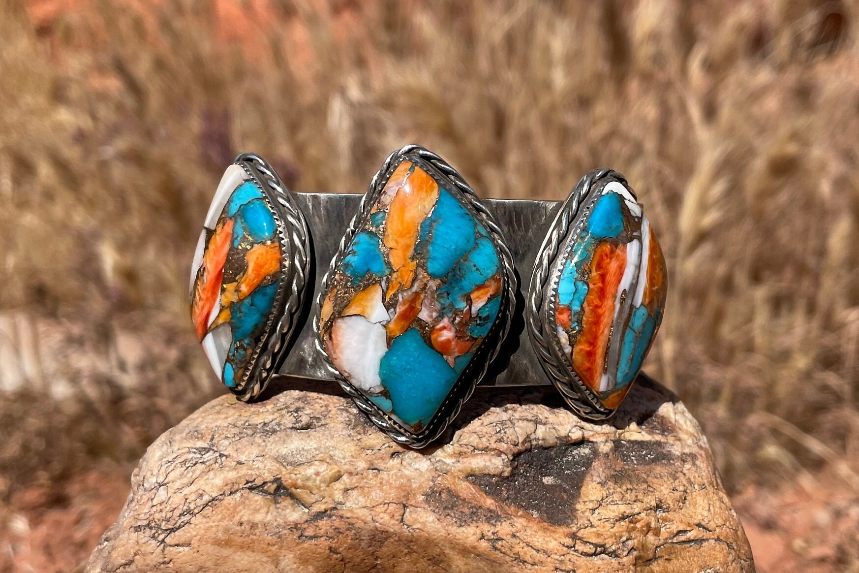 Turquoise with Spiny Oyster Cuff Bracelet, Blue Kingman Turquoise Three