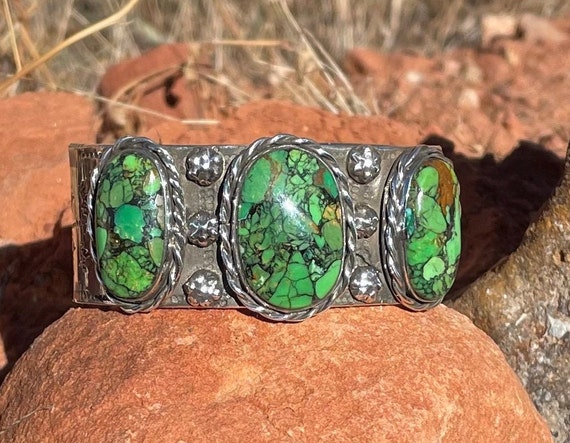 Mohave Green Kingman Turquoise Three Gemstone Bracelet, Sterling Silver 925 Cuff Bracelet, Turquoise with Bronze Cuff Bracelet,