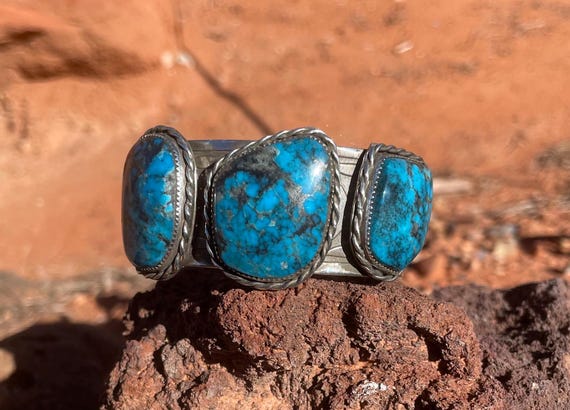 High Grade Kingman Turquoise Three Large Gemstone Bracelet, Sterling Silver 925 Cuff Bracelet