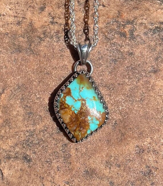 Turquoise Pendant, Sterling Silver Necklace, High Grade  Kingman Green with Gold Matrix Turquoise Pendant