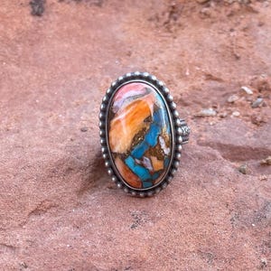Turquoise Ring, Sterling Silver Ring, Kingman Turquoise Spiny Oyster and Bronze Ring, Ring Size 7