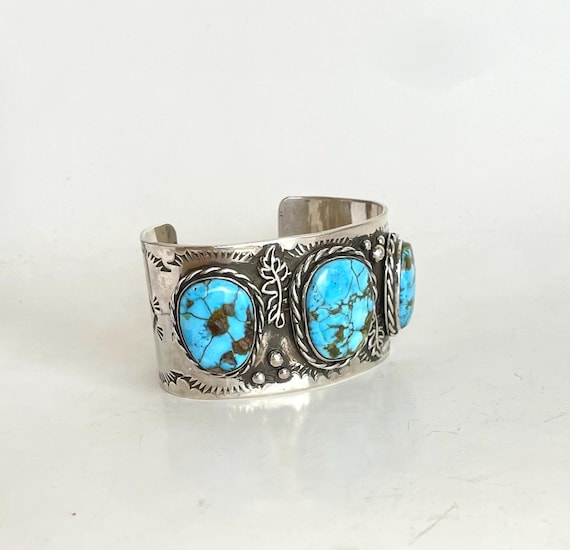 High Grade Kingman Turquoise Three Large Gemstone Bracelet, Sterling Silver 925 Cuff Bracelet