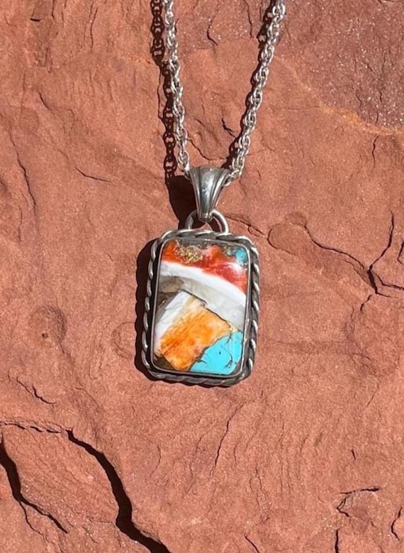 Kingman Turquoise Spiny Oyster and Bronze Pendant, Sterling Silver Necklace, Kingman Turquoise Pendant,