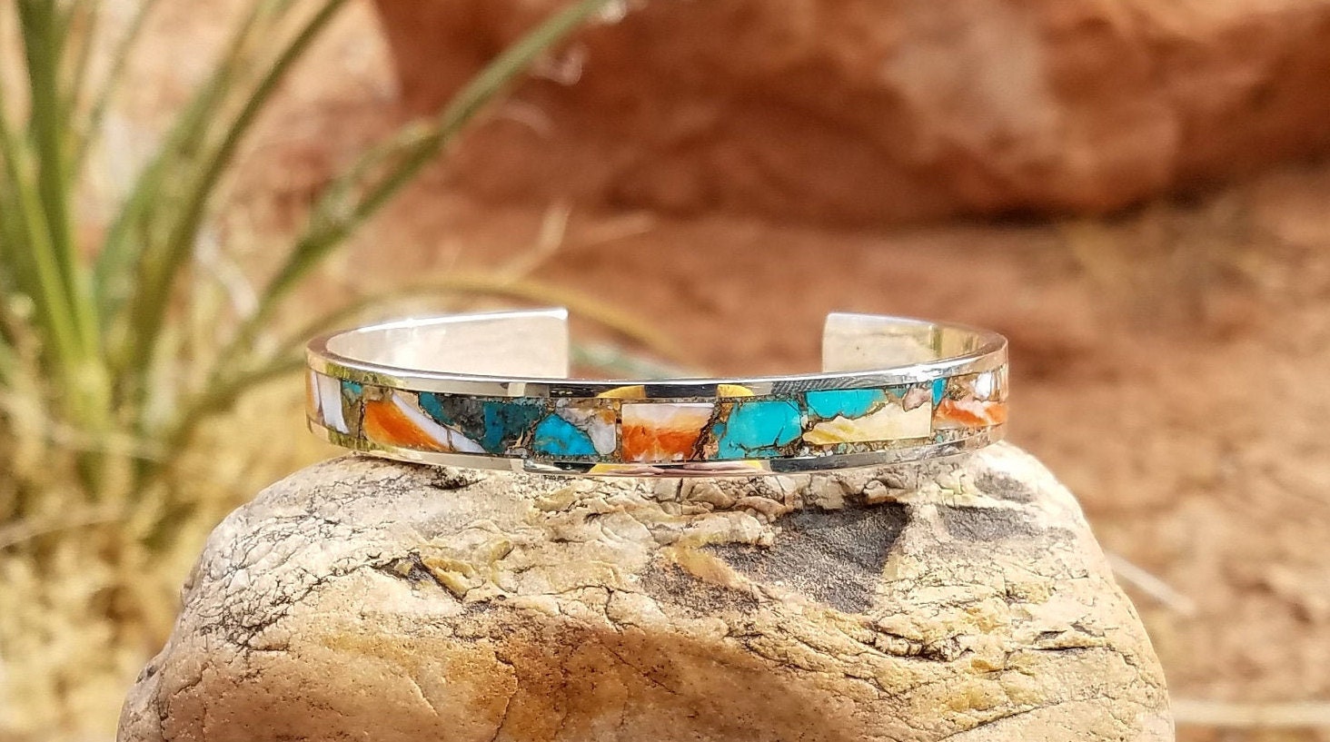 Heart Cuff in Spiny Oyster, Kingman, & Lone Mtn Turquoise