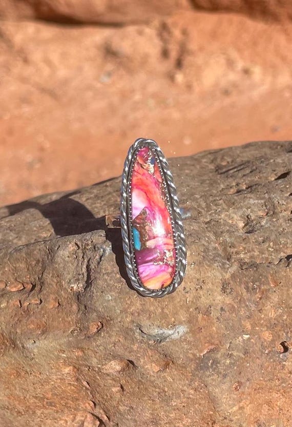Orange Dahlia Turquoise Ring, Sterling Silver Ring, Kingman Turquoise Spiny Oyster and Bronze Ring, Ring Size 8