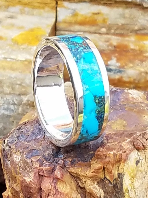 Turquoise Ring, Inlaid Turquoise Ring, Sterling Silver 8mm Ring
