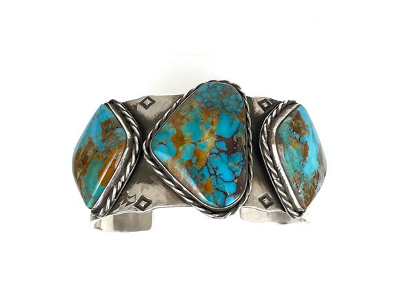 High Grade Kingman Turquoise Three Large Gemstone Bracelet, Sterling Silver 925 Cuff Bracelet