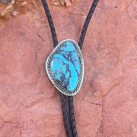 Turquoise Bolo Tie, Custom Made Bolo Tie, Sterling Silver 925  Turquoise Bolo Tie, Blue with Black Matrix Kingman Turquoise Bolo Tie