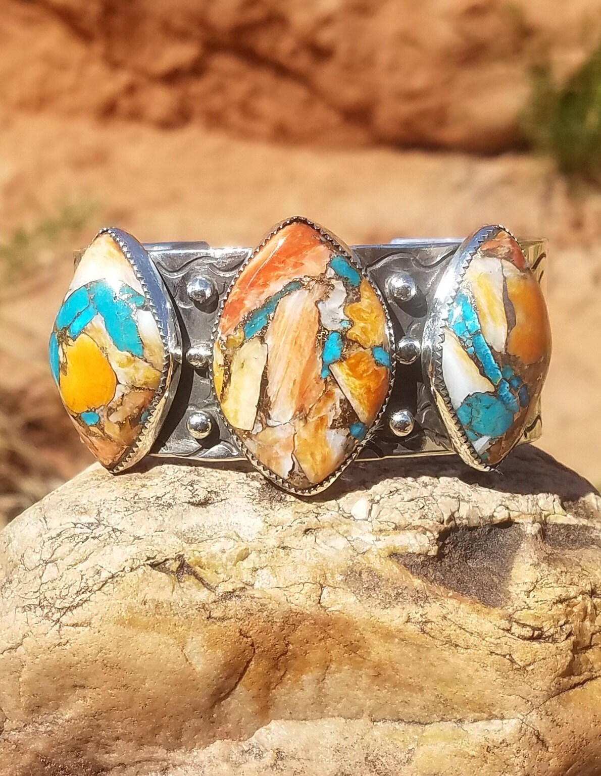 Turquoise with Spiny Oyster Cuff Bracelet, Blue Kingman Turquoise Three