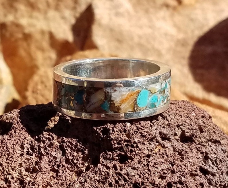 Sterling Silver 8mm Ring Turquoise Ring Inlaid Turquoise Spiny Oyster and Bronze Ring