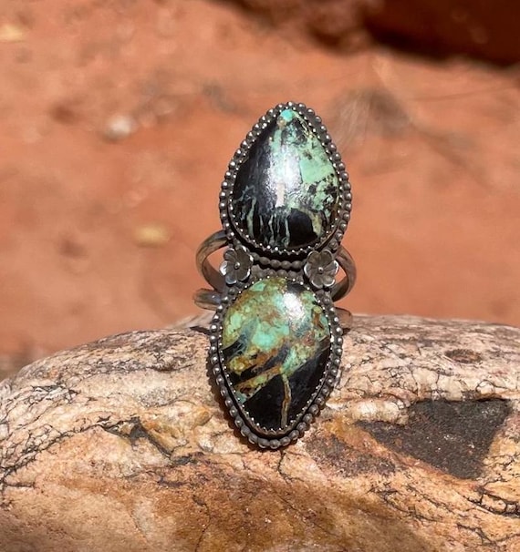Turquoise Ring, Sterling Silver Ring, Natural Nevada Turquoise, Two Stone Turquoise Ring, Large Turquoise Gemstone Ring, Ring Size 8