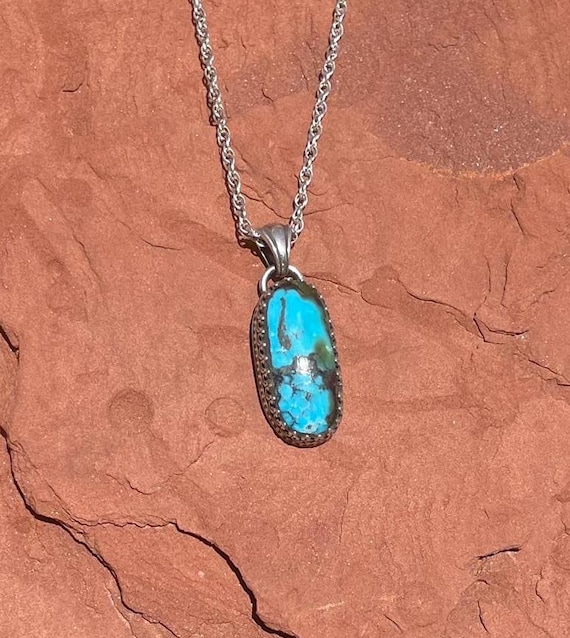 Turquoise Pendant, Sterling Silver Necklace, Blue Kingman Turquoise Pendant.