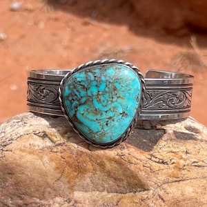 Kingman Turquoise Bracelet. Sterling Silver Cuff Bracelet, Blue with Gold web Matrix Turquoise Gemstone. Thick Engraved Silver Band.