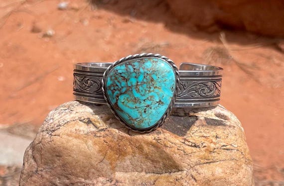 Kingman Turquoise Bracelet. Sterling Silver Cuff Bracelet, Blue with Gold web Matrix Turquoise Gemstone. Thick Engraved Silver Band.