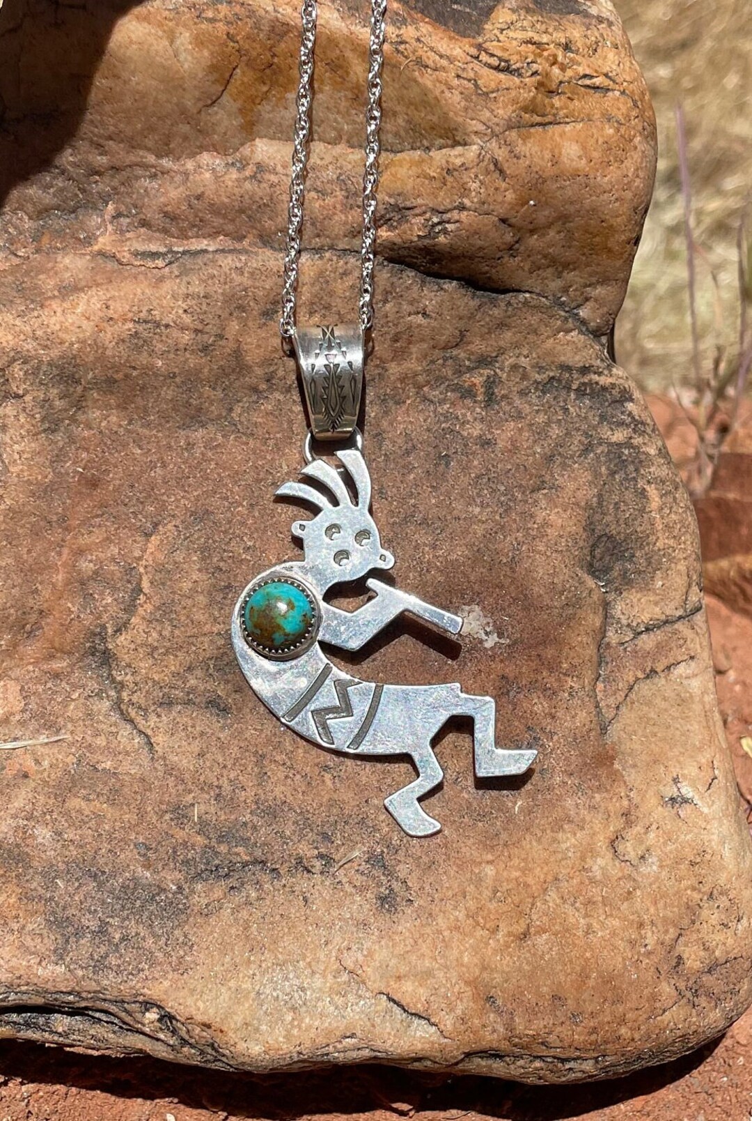 Kokopelli Necklace, Kingman Turquoise Pendant, Sterling Silver Pendant