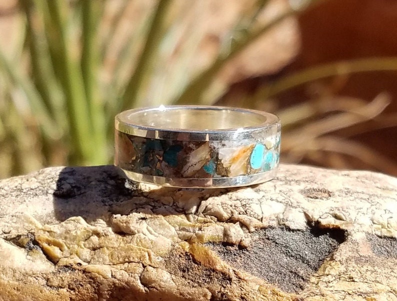 Sterling Silver 8mm Ring Turquoise Ring Inlaid Turquoise Spiny Oyster and Bronze Ring