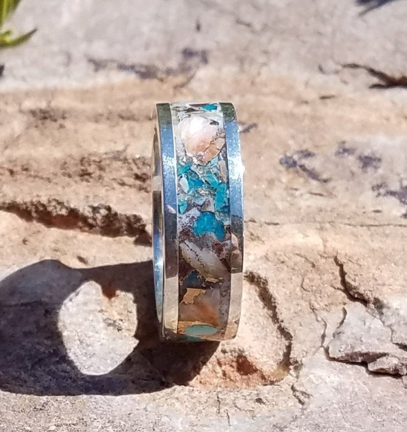 Sterling Silver 8mm Ring Turquoise Ring Inlaid Turquoise Spiny Oyster and Bronze Ring