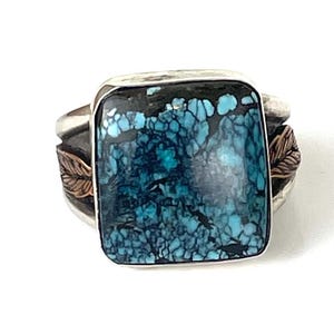 Hubie Turquoise Ring, Sterling Silver Ring, Blue with Black Matrix Gemstone, Ring Size 9