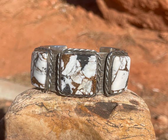 White Buffalo Cuff Bracelet, Kingman White Buffalo Three Large Gemstone Bracelet, Sterling Silver 925 Cuff Bracelet