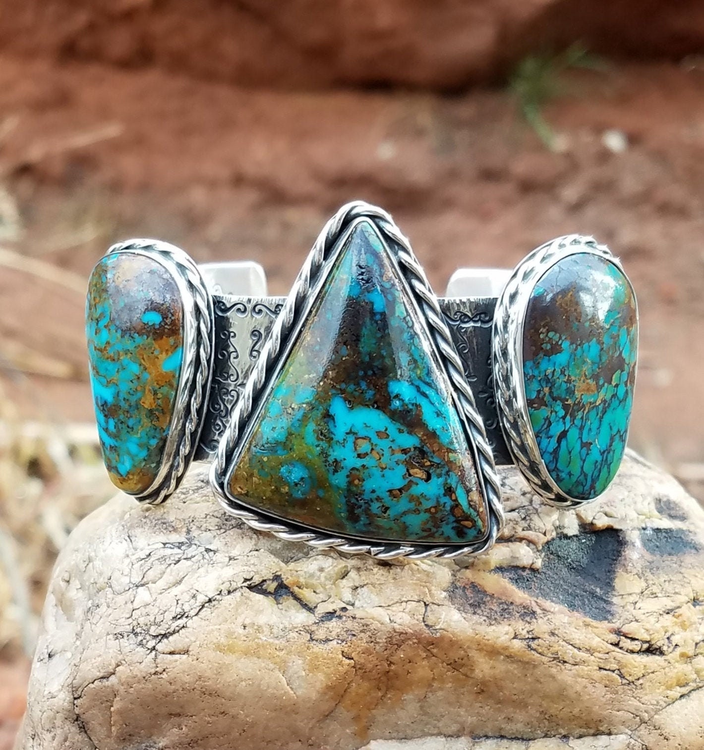 High Grade Kingman Turquoise Three Large Gemstone Bracelet, Sterling