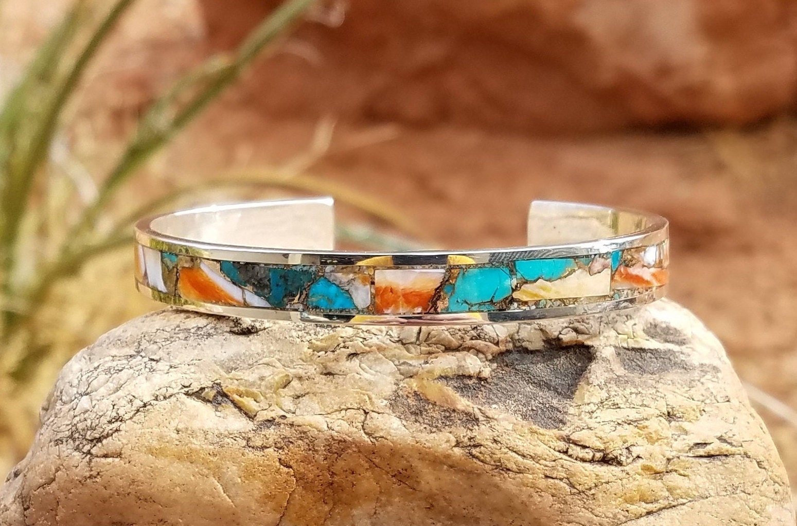 Turquoise and Spiny Oyster Sterling Silver Bracelet, Inlaid Turquoise