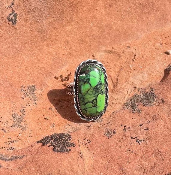 Turquoise Ring, Sterling Silver Ring, Kingman Mohave Green Turquoise and Bronze Ring, Ring Size 7