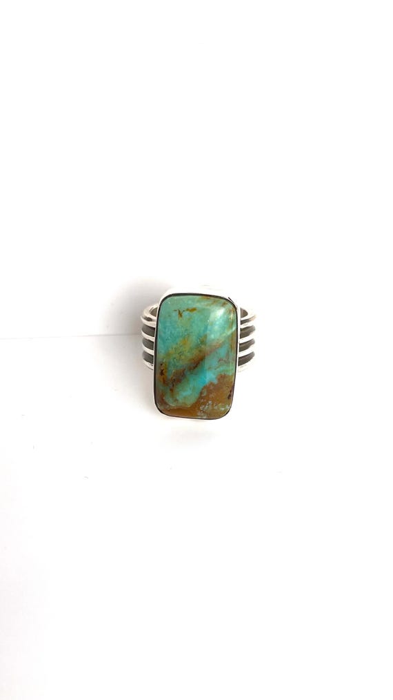 Kingman Turquoise Ring, Sterling Silver Ring, Green with Gold Matrix Turquoise Gemstone, Ring Size 7 1/2