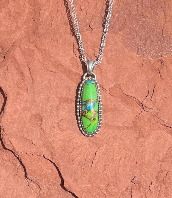 Kingman Turquoise Pendant, Sterling Silver Pendant, Mohave Green Turquoise Pendant