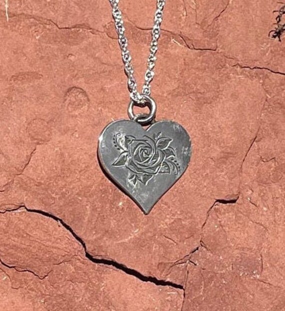 Sterling Silver Heart Shaped Pendant with Engraved Rose, Sterling Silver Necklace, Sterling Silver Pendant.