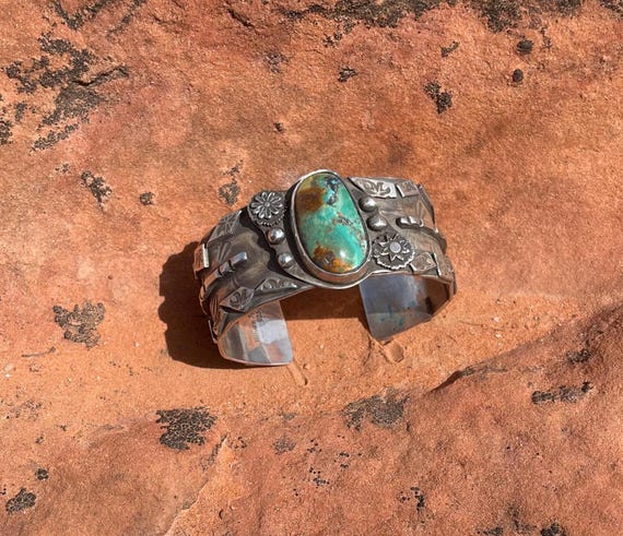 Kingman Turquoise Bracelet, Sterling Silver 925 Bracelet Green with Brown Matrix Turquoise. Turquoise Cuff Bracelet.