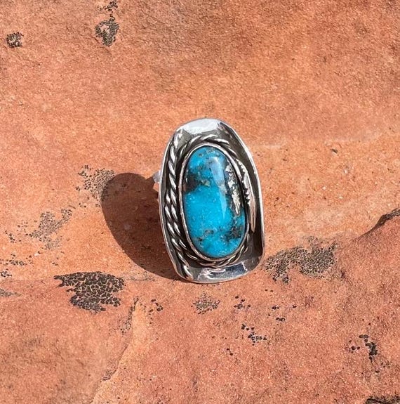 Kingman Turquoise Cowboy Hat Ring, Sterling Silver Ring, Blue with Pyrite and Black web matrix Gemstone, Ring Size 9
