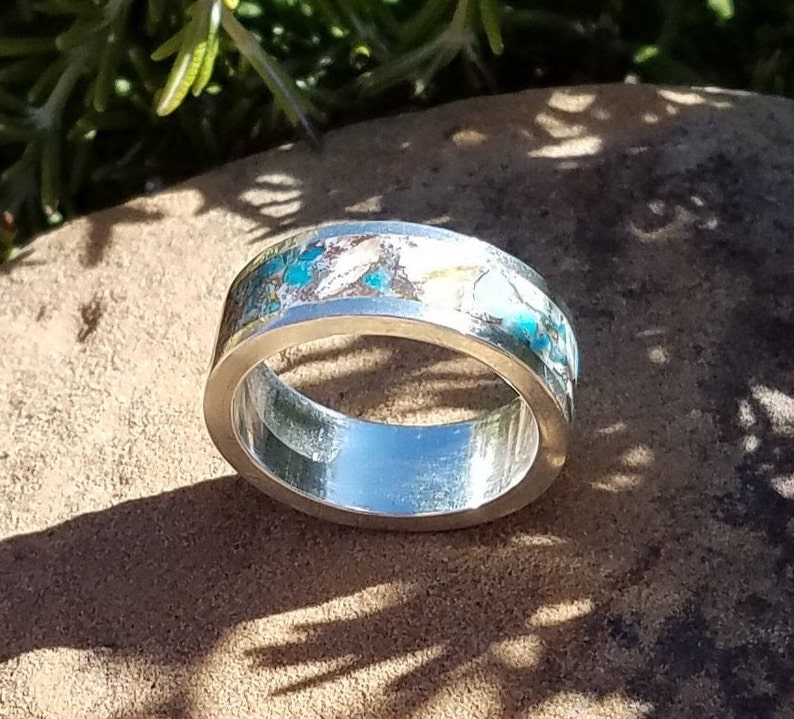 Sterling Silver 8mm Ring Turquoise Ring Inlaid Turquoise Spiny Oyster and Bronze Ring