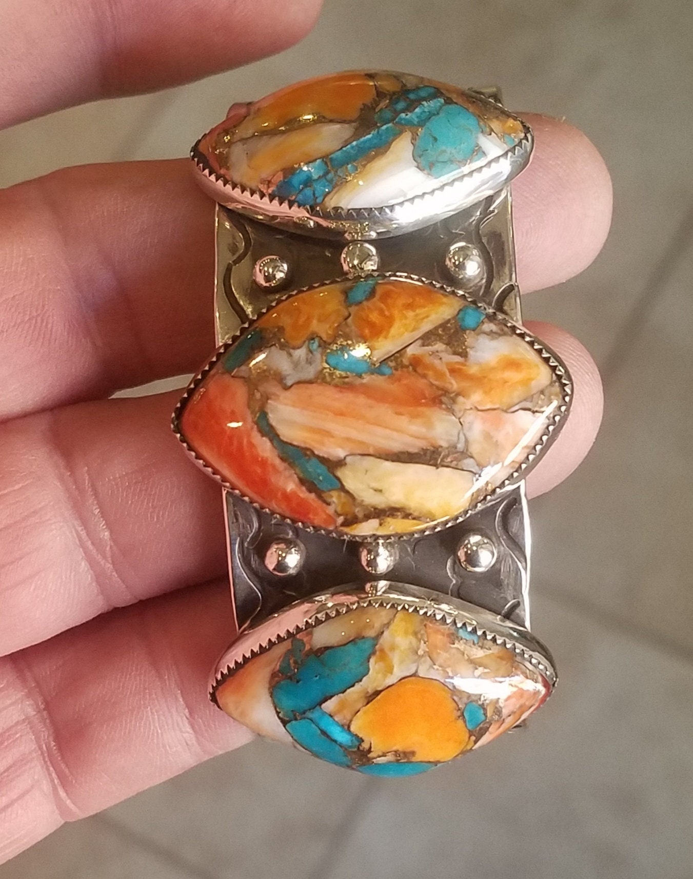 Sterling Silver Spiny Oyster And Turquoise Square Cuff Bracelet main image 0