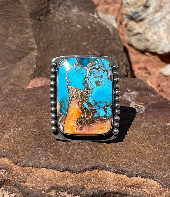 Orange Dahlia Turquoise Ring, Sterling Silver Ring, Kingman Turquoise Spiny Oyster and Bronze Ring, Ring Size 7 3/4