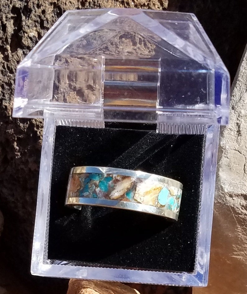 Sterling Silver 8mm Ring Turquoise Ring Inlaid Turquoise Spiny Oyster and Bronze Ring