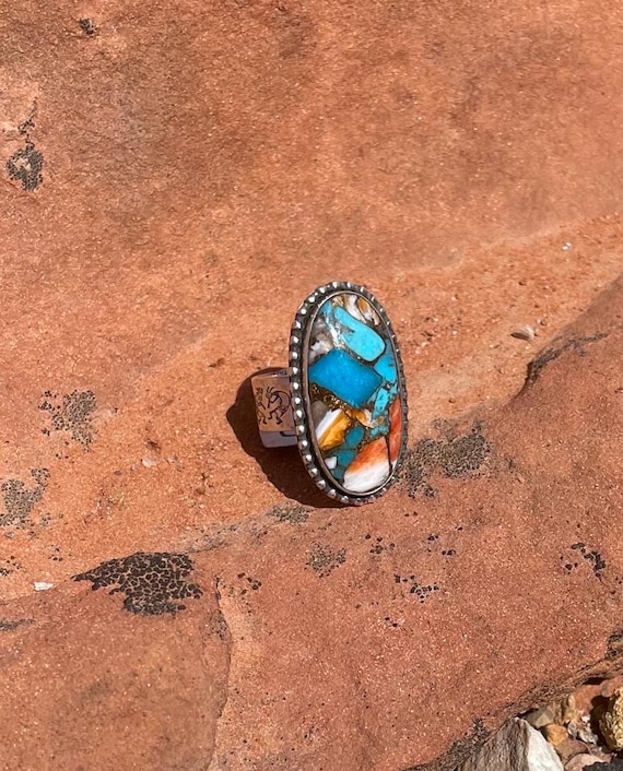Turquoise Spiny Oyster and Bronze Ring, Sterling Silver Ring, Kingman Turquoise Ring, Ring Size 7 3/4