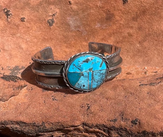 Kingman Turquoise Bracelet, Sterling Silver 925 Bracelet Blue Inlay Turquoise. Turquoise Cuff Bracelet.
