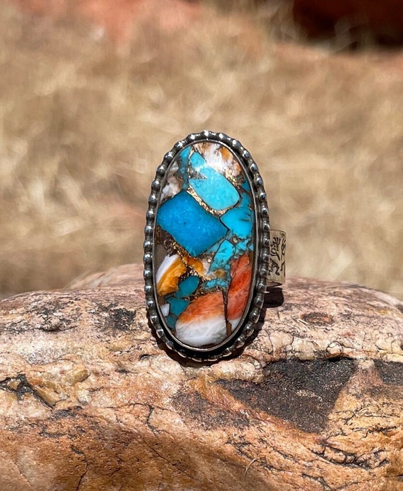 Turquoise Ring, Sterling Silver Ring, Kingman Turquoise Spiny Oyster and Bronze Ring, Ring Size 8