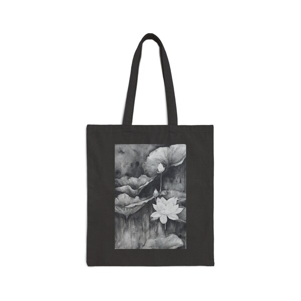 Cotton Canvas Tote Bag | Lotus Flower Canvas Bag | Spring Shoulder Bag | Reusable Handbag | Gift For Her | Black and White