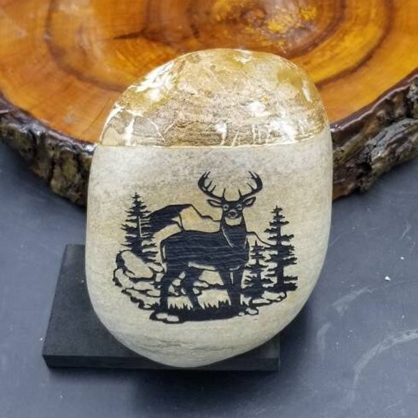 Sandblasted Deer Scene on natural Lake Michigan stone